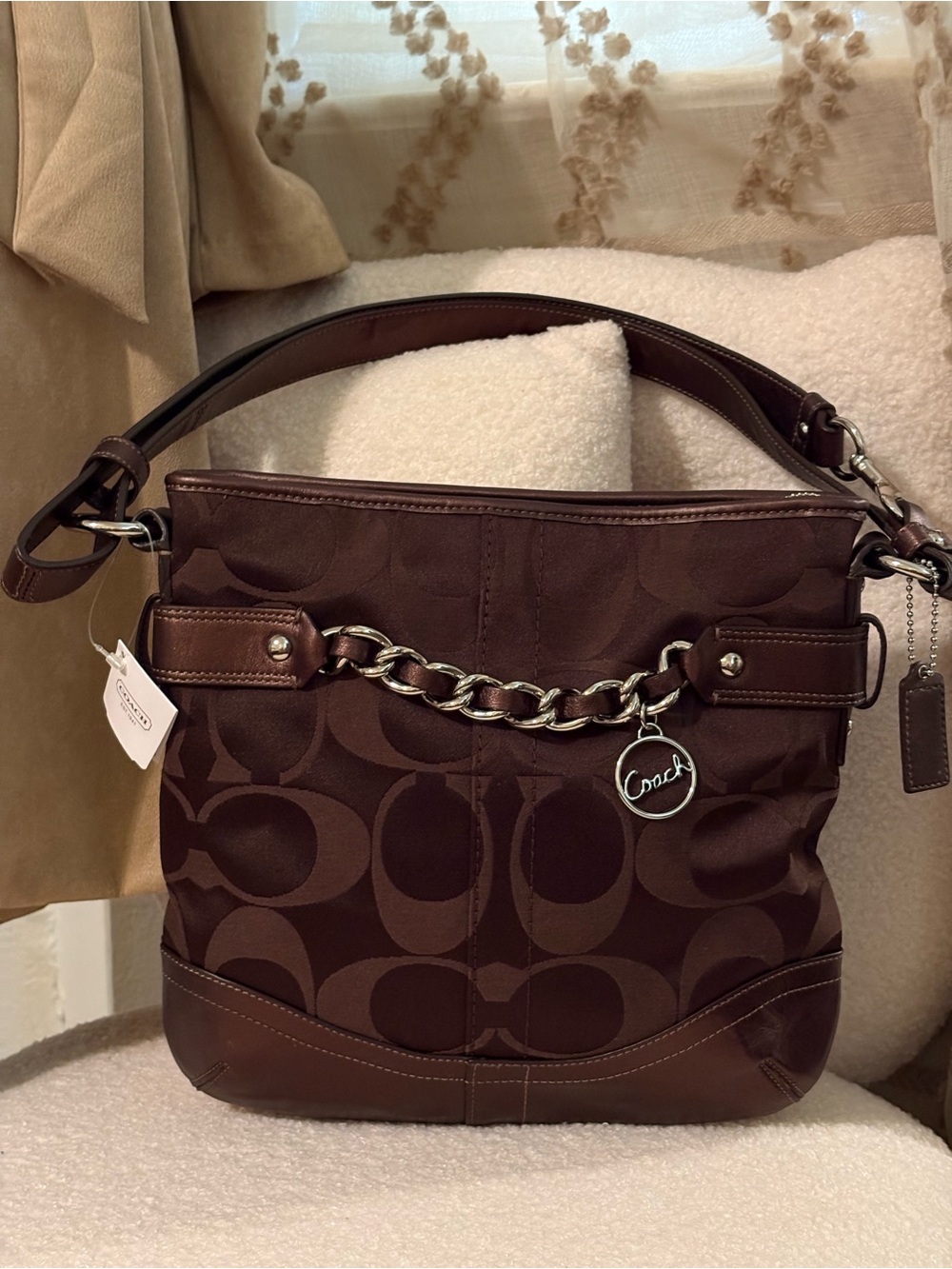 Coach Brown Signature Chain-Accent Shoulder Bag